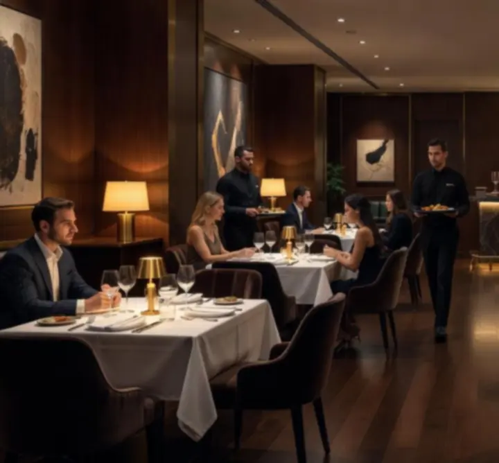 Interior modern al Dinner and Cards Club, cu zonă de restaurant și poker lounge