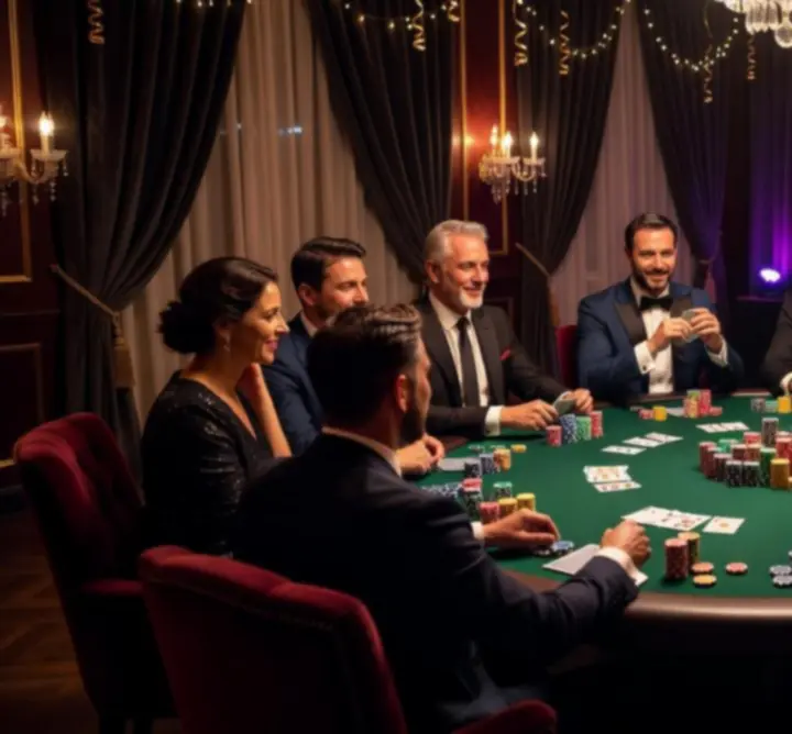 Jucători la o noapte tematică de poker într-un lounge elegant