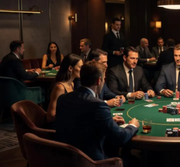 Masă de poker luminată elegant în timpul unei seri tematice la Dinner and Cards Club