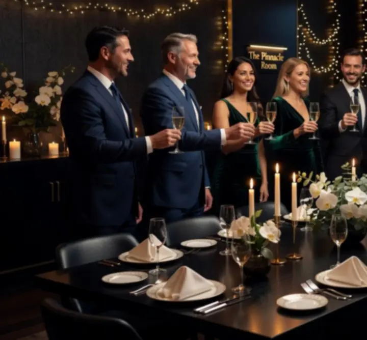 Petrecere privată cu o masă festivă și decor elegant la Dinner and Cards Club