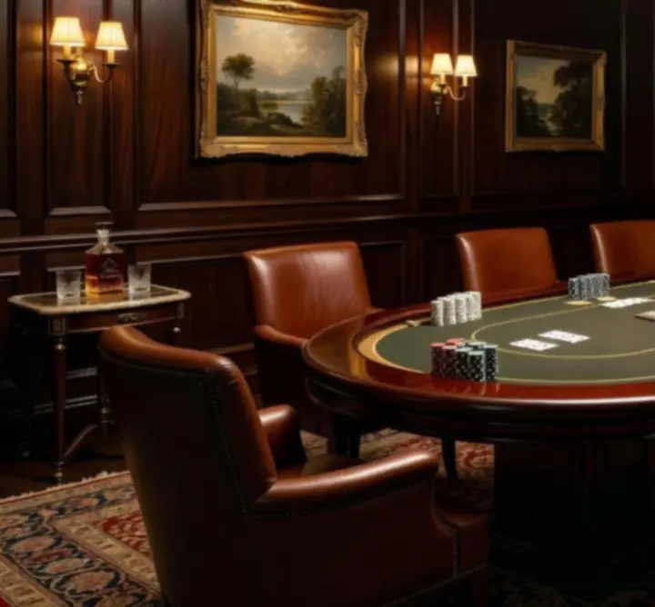 Salon privat de poker cu masă iluminată și decor elegant la Dinner and Cards Club
