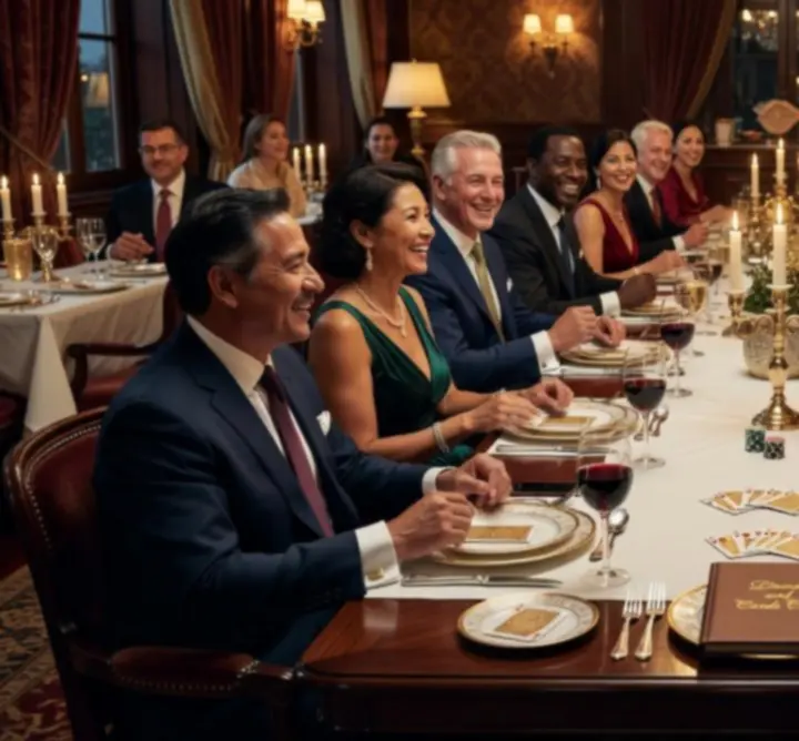 Grup de oaspeți zâmbind la cină într-un decor elegant